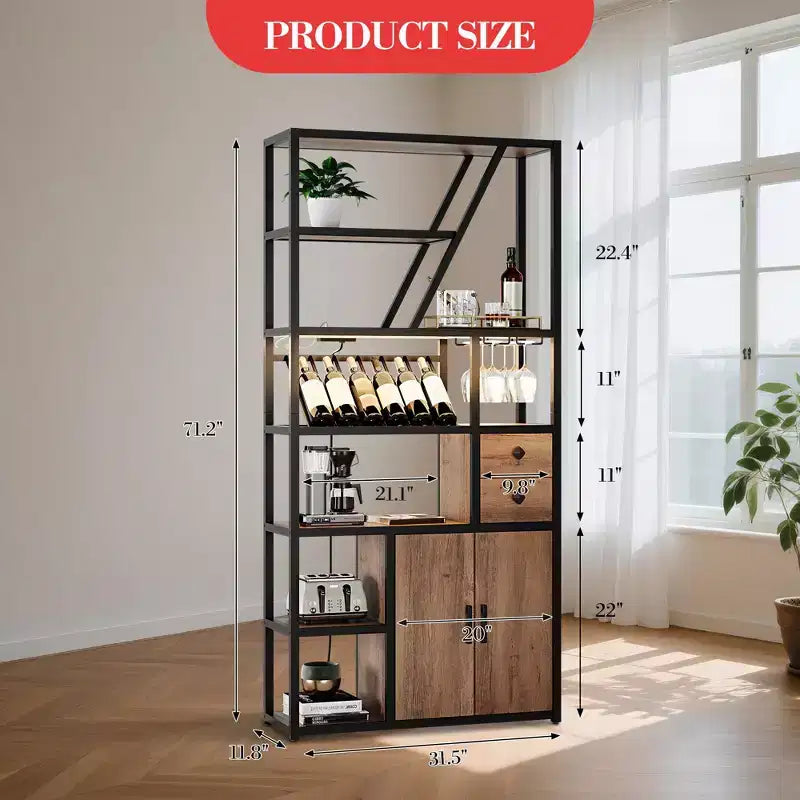 Meuble Bar à Vin, Meuble Bar à Café Haut, Meuble de Rangement pour Micro-ondes, Meuble Bar à Café de Ferme avec Range-bouteilles, Porte-verres