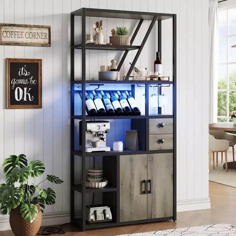 Meuble Bar à Vin, Meuble Bar à Café Haut, Meuble de Rangement pour Micro-ondes, Meuble Bar à Café de Ferme avec Range-bouteilles, Porte-verres