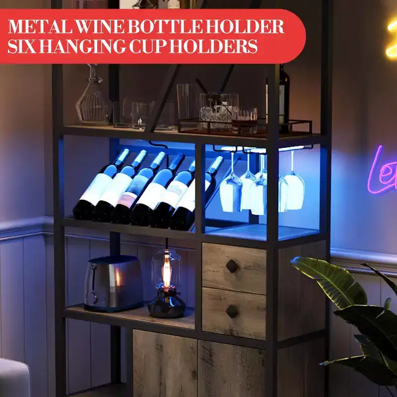 Meuble Bar à Vin, Meuble Bar à Café Haut, Meuble de Rangement pour Micro-ondes, Meuble Bar à Café de Ferme avec Range-bouteilles, Porte-verres