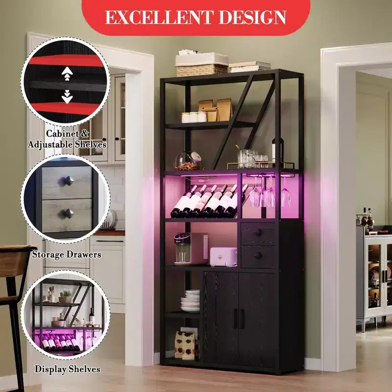 Meuble Bar à Vin, Meuble Bar à Café Haut, Meuble de Rangement pour Micro-ondes, Meuble Bar à Café de Ferme avec Range-bouteilles, Porte-verres