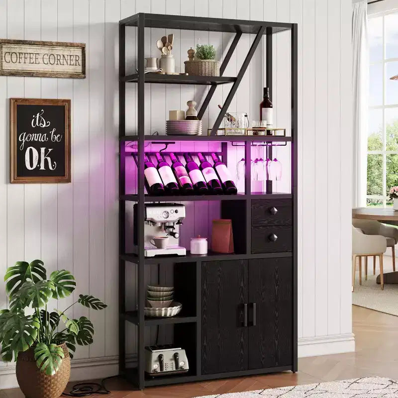 Meuble Bar à Vin, Meuble Bar à Café Haut, Meuble de Rangement pour Micro-ondes, Meuble Bar à Café de Ferme avec Range-bouteilles, Porte-verres