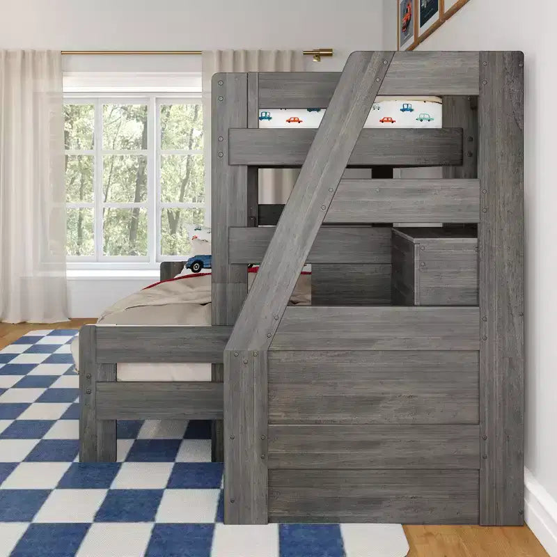 Lit superposé Max & Lily Modern Farmhouse double XL sur grand lit avec escalier