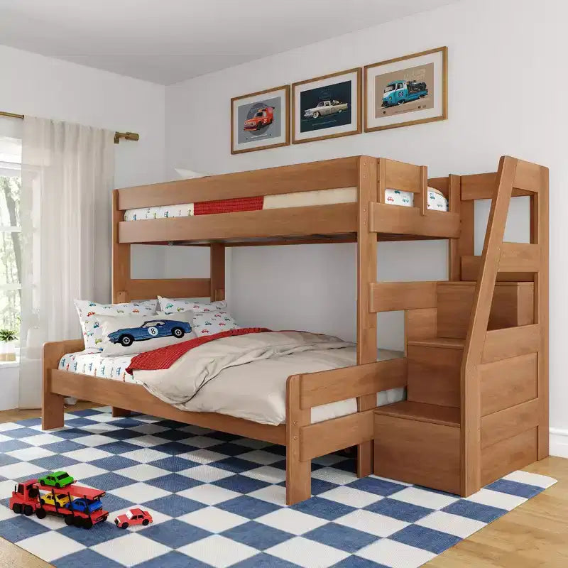 Lit superposé Max & Lily Modern Farmhouse double XL sur grand lit avec escalier