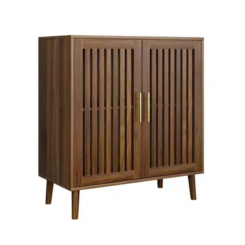 Homy Casa Meuble de Rangement Moderne à Lattes 2 Portes avec Construction en MDF et Panneaux de Particules, Buffet d'Appoint pour Salon et Entrée, Noyer