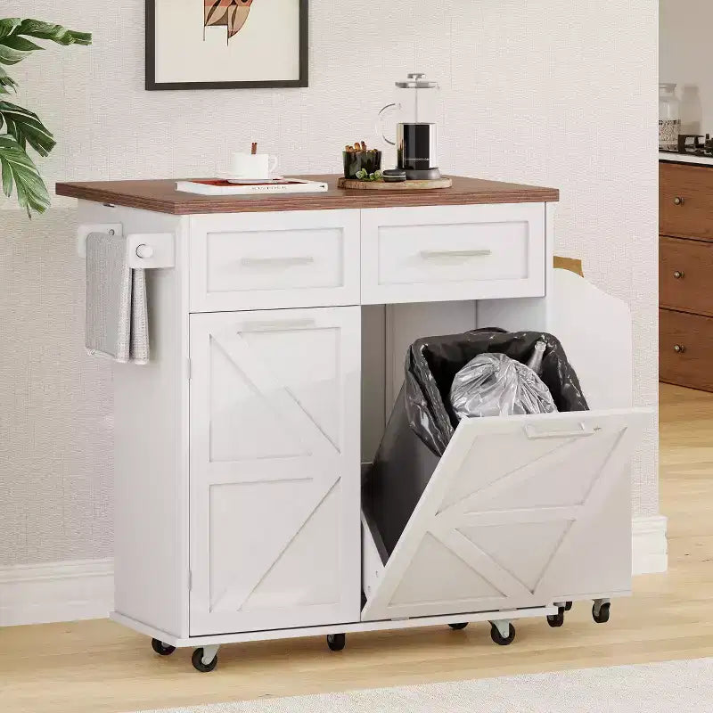 Îlot de cuisine Okak Farmhouse avec abattant, Desserte de cuisine avec étagères latérales amovibles et porte-serviettes, Desserte de cuisine pour la maison