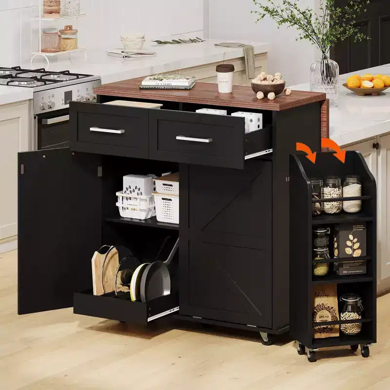 Îlot de cuisine Okak Farmhouse avec abattant, Desserte de cuisine avec étagères latérales amovibles et porte-serviettes, Desserte de cuisine pour la maison