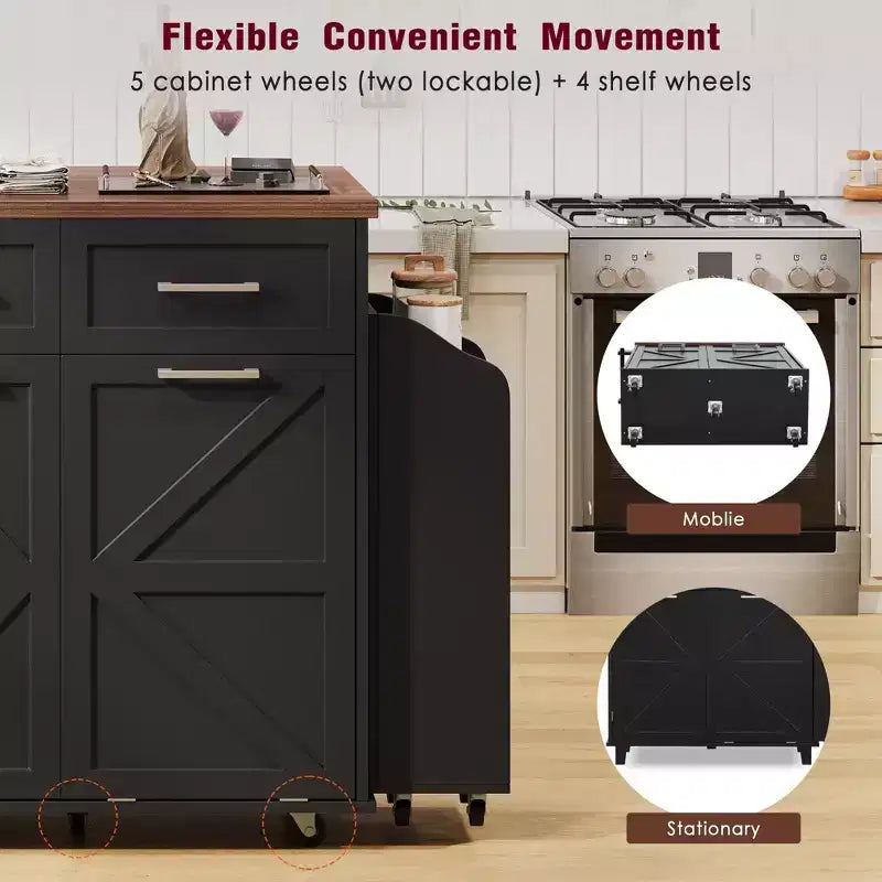 Îlot de cuisine Okak Farmhouse avec abattant, Desserte de cuisine avec étagères latérales amovibles et porte-serviettes, Desserte de cuisine pour la maison