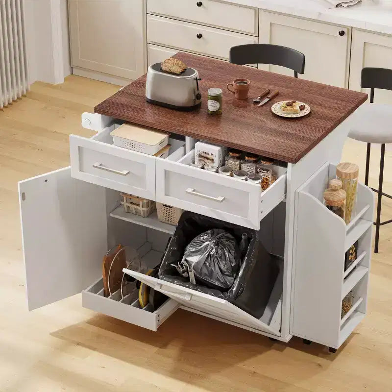 Îlot de cuisine Okak Farmhouse avec abattant, Desserte de cuisine avec étagères latérales amovibles et porte-serviettes, Desserte de cuisine pour la maison