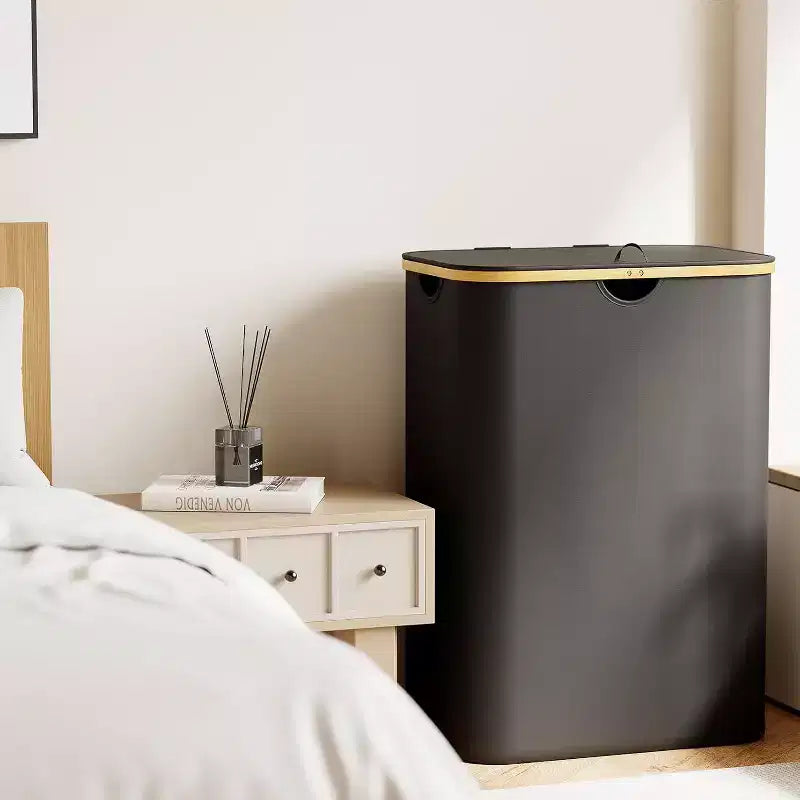 Panier à linge 2 compartiments avec 2 sacs amovibles, panier pliable 160L avec couvercle et poignées en bambou SpaceAid