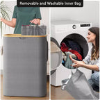 Panier à linge 2 compartiments avec 2 sacs amovibles, panier pliable 160L avec couvercle et poignées en bambou SpaceAid