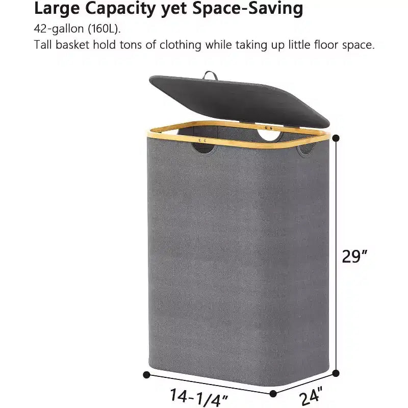 Panier à linge 2 compartiments avec 2 sacs amovibles, panier pliable 160L avec couvercle et poignées en bambou SpaceAid