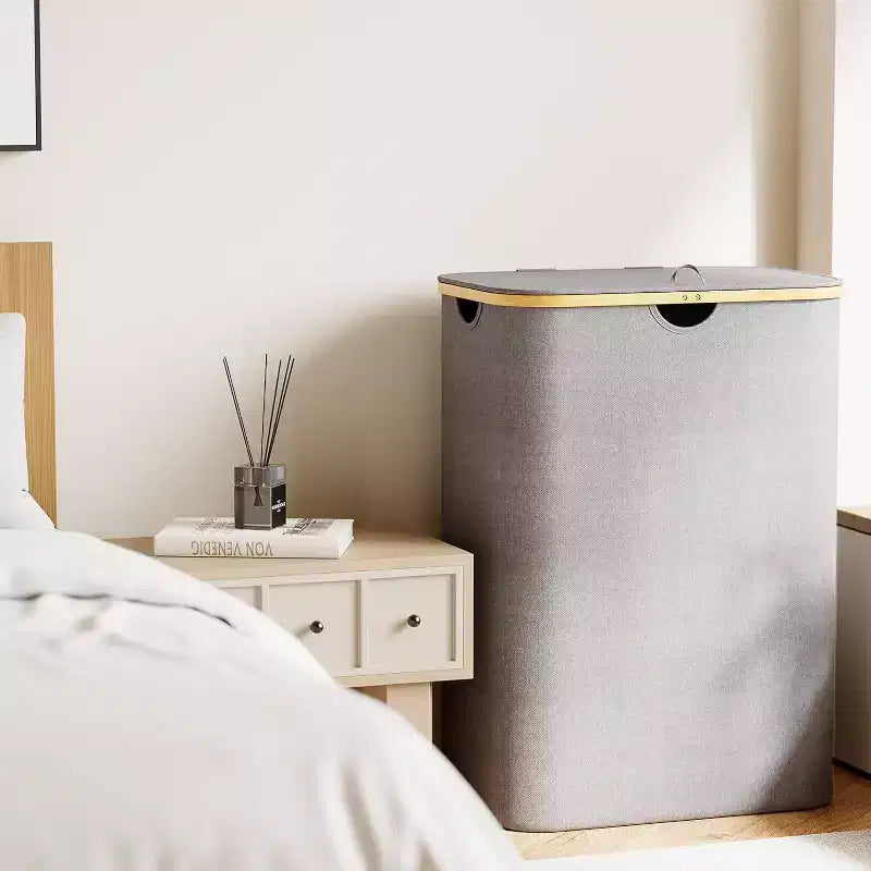 Panier à linge 2 compartiments avec 2 sacs amovibles, panier pliable 160L avec couvercle et poignées en bambou SpaceAid