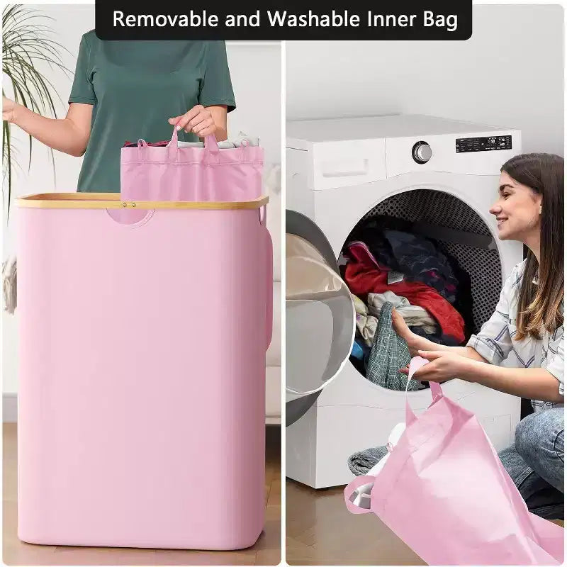 Panier à linge 2 compartiments avec 2 sacs amovibles, panier pliable 160L avec couvercle et poignées en bambou SpaceAid