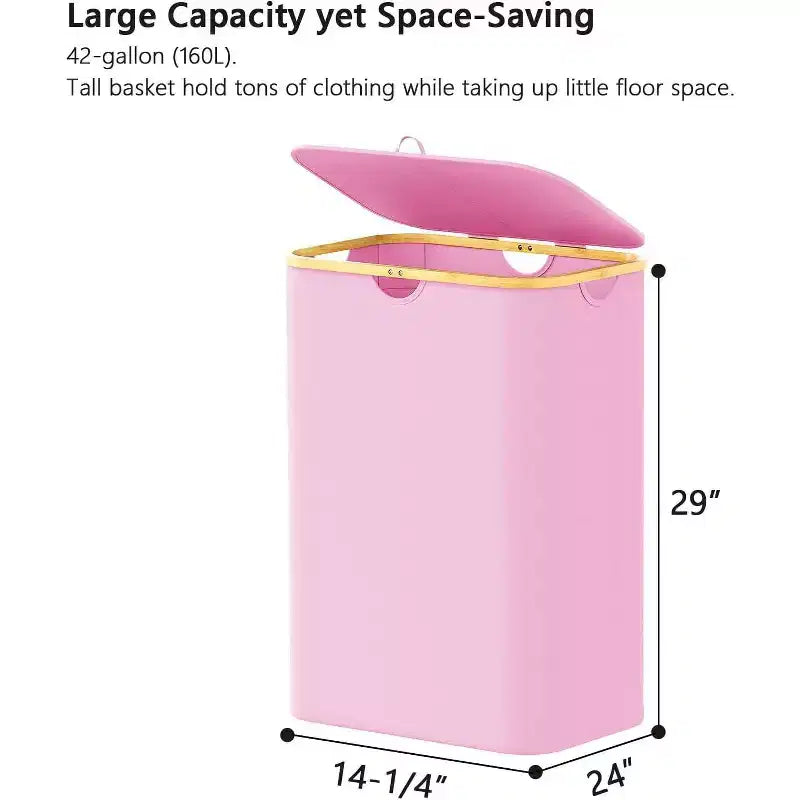 Panier à linge 2 compartiments avec 2 sacs amovibles, panier pliable 160L avec couvercle et poignées en bambou SpaceAid
