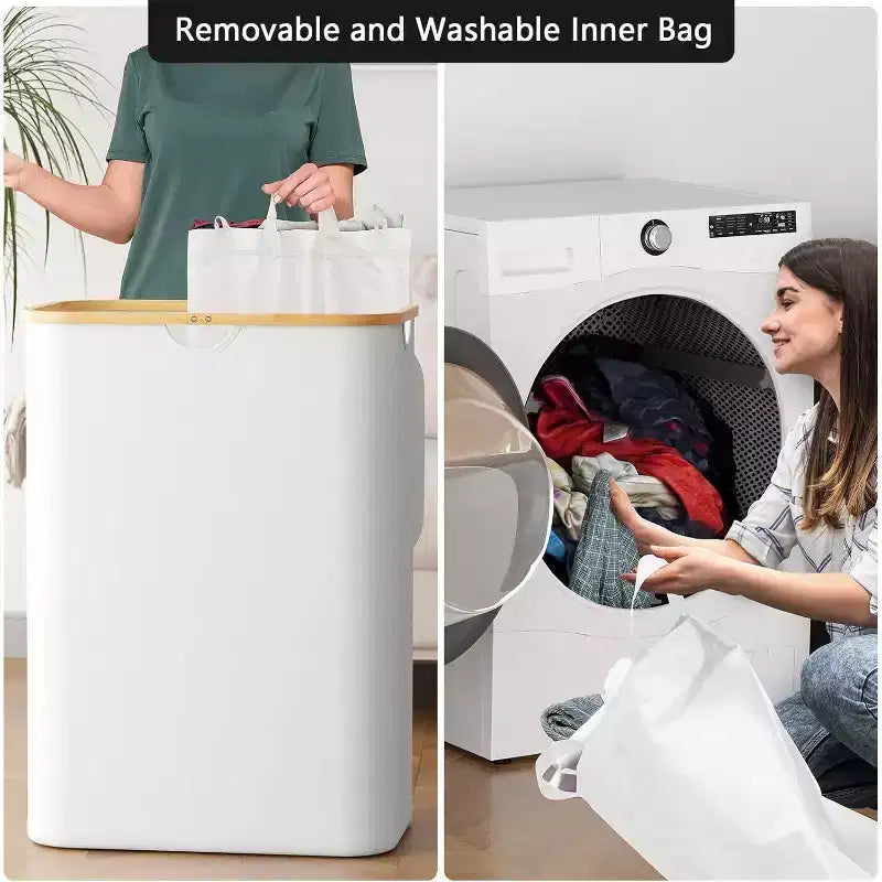Panier à linge 2 compartiments avec 2 sacs amovibles, panier pliable 160L avec couvercle et poignées en bambou SpaceAid