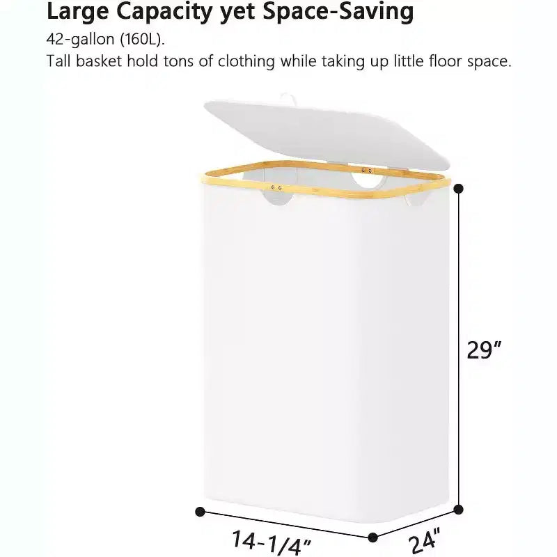 Panier à linge 2 compartiments avec 2 sacs amovibles, panier pliable 160L avec couvercle et poignées en bambou SpaceAid