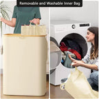 Panier à linge 2 compartiments avec 2 sacs amovibles, panier pliable 160L avec couvercle et poignées en bambou SpaceAid