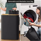 Panier à linge 2 compartiments avec 2 sacs amovibles, panier pliable 160L avec couvercle et poignées en bambou SpaceAid