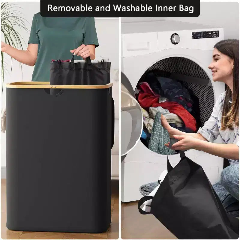 Panier à linge 2 compartiments avec 2 sacs amovibles, panier pliable 160L avec couvercle et poignées en bambou SpaceAid