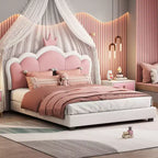 Lit princesse double/grand avec tête de lit couronne, cadre de lit plateforme en cuir PU rose pour chambre d'enfant
