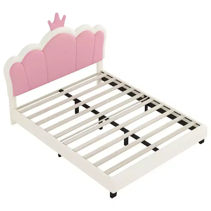 Lit princesse double/grand avec tête de lit couronne, cadre de lit plateforme en cuir PU rose pour chambre d'enfant