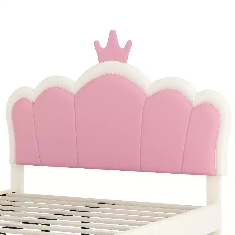 Lit princesse double/grand avec tête de lit couronne, cadre de lit plateforme en cuir PU rose pour chambre d'enfant