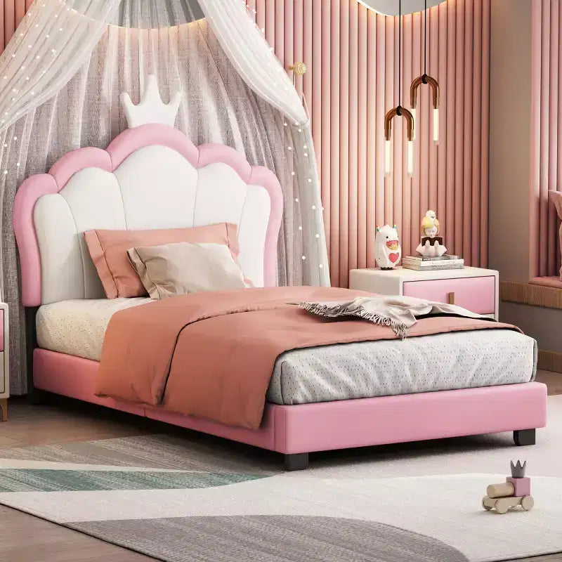 Lit princesse double/grand avec tête de lit couronne, cadre de lit plateforme en cuir PU rose pour chambre d'enfant