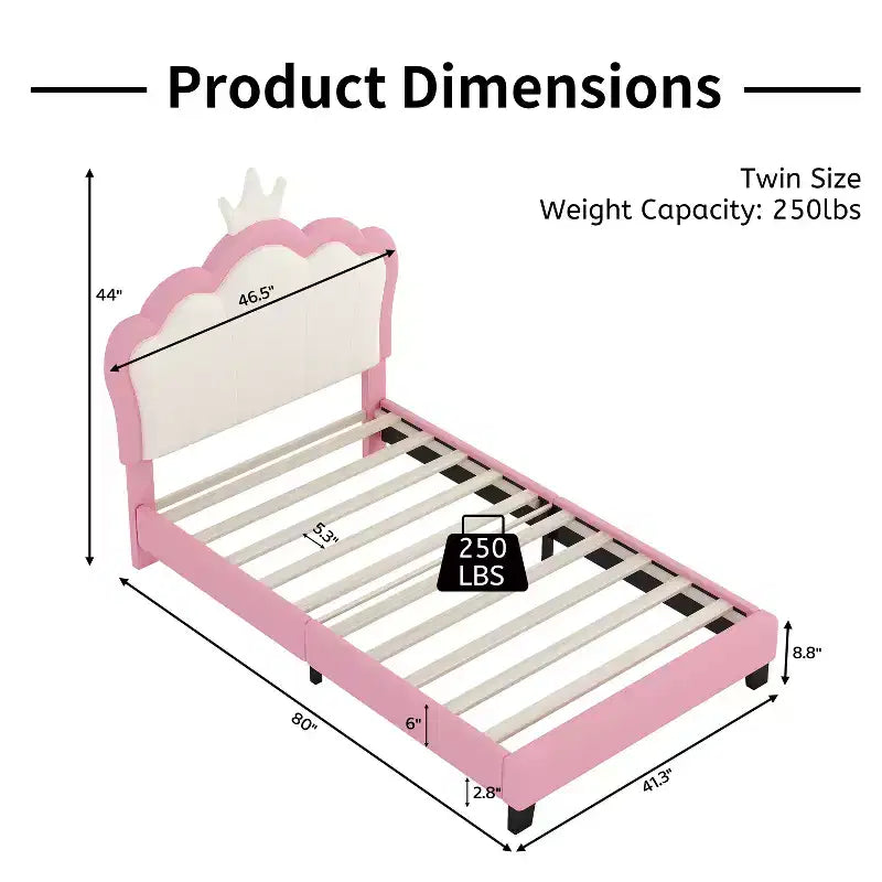 Lit princesse double/grand avec tête de lit couronne, cadre de lit plateforme en cuir PU rose pour chambre d'enfant