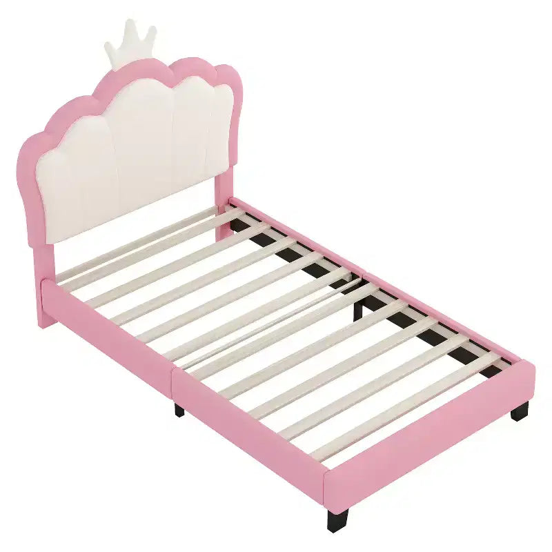Lit princesse double/grand avec tête de lit couronne, cadre de lit plateforme en cuir PU rose pour chambre d'enfant