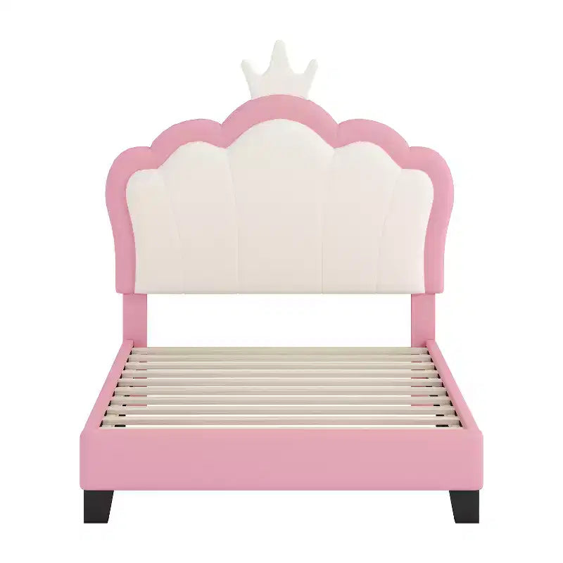 Lit princesse double/grand avec tête de lit couronne, cadre de lit plateforme en cuir PU rose pour chambre d'enfant