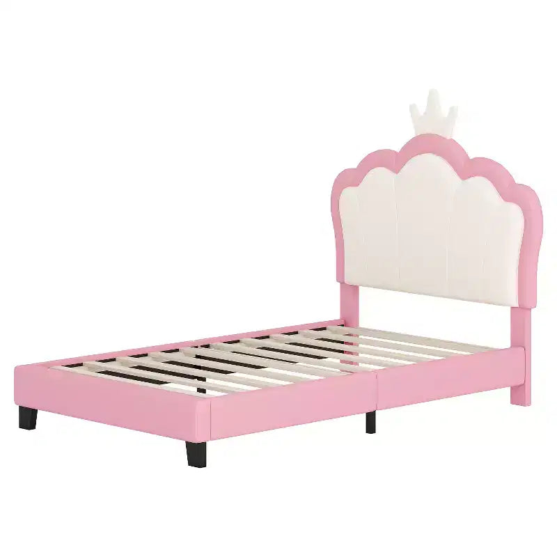 Lit princesse double/grand avec tête de lit couronne, cadre de lit plateforme en cuir PU rose pour chambre d'enfant