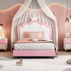 Twin/Full Princess Bed with Crown Headboard, PU Leather Pink Platform Bed Frame for Kids Bedroom
