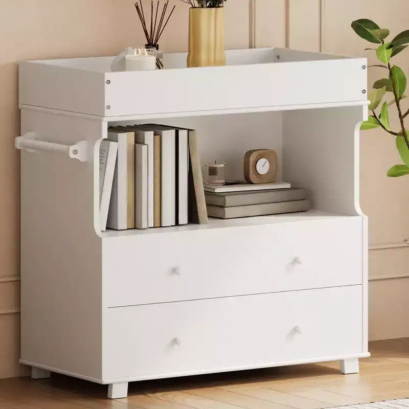 Table à langer en bois, commode à langer avec 2 tiroirs et étagères, station à langer multifonctionnelle pour chambre, chambre d'enfant, crèche