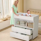 Table à langer en bois, commode à langer avec 2 tiroirs et étagères, station à langer multifonctionnelle pour chambre, chambre d'enfant, crèche