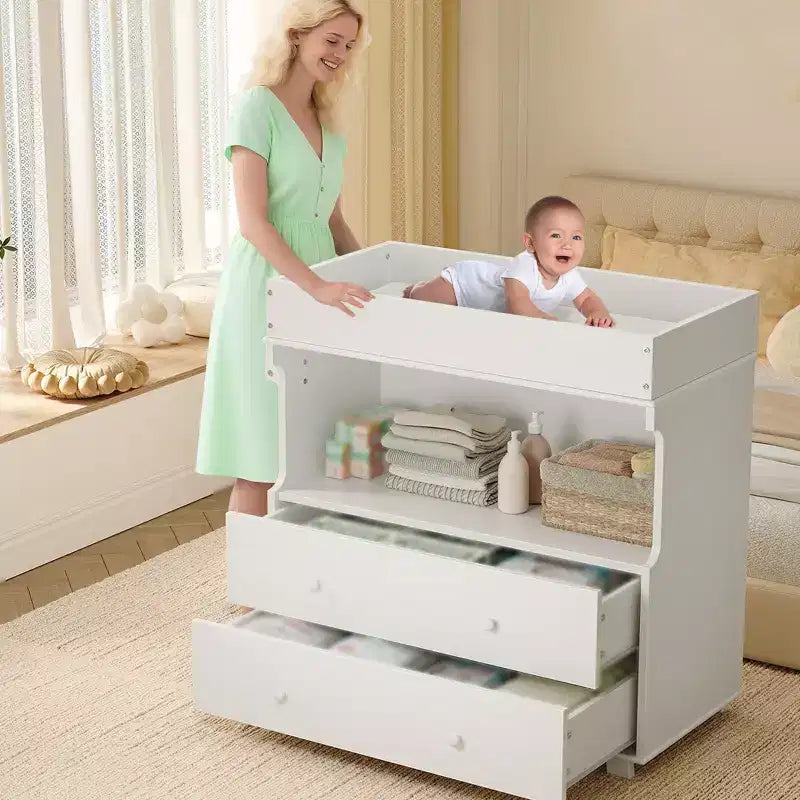 Table à langer en bois, commode à langer avec 2 tiroirs et étagères, station à langer multifonctionnelle pour chambre, chambre d'enfant, crèche
