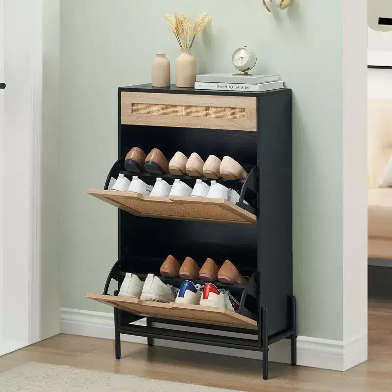 Meuble à chaussures avec étagère réglable et amovible à 3 positions, organiseur de chaussures autoportant moderne, range-chaussures à 2 portes abattantes avec tiroir, noir+chêne