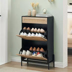 Meuble à chaussures avec étagère réglable et amovible à 3 positions, organiseur de chaussures autoportant moderne, range-chaussures à 2 portes abattantes avec tiroir, noir+chêne
