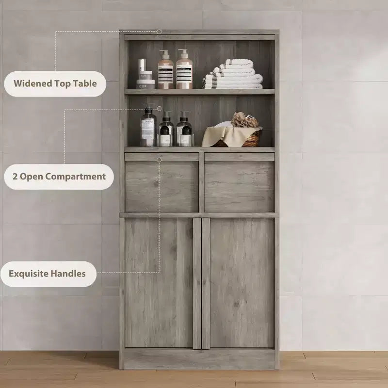 Meuble haut de salle de bain, meuble de rangement au sol avec portes et 2 tiroirs, meuble de rangement de salle de bain autonome de 130 cm de hauteur pour salle de bain, salon, cuisine