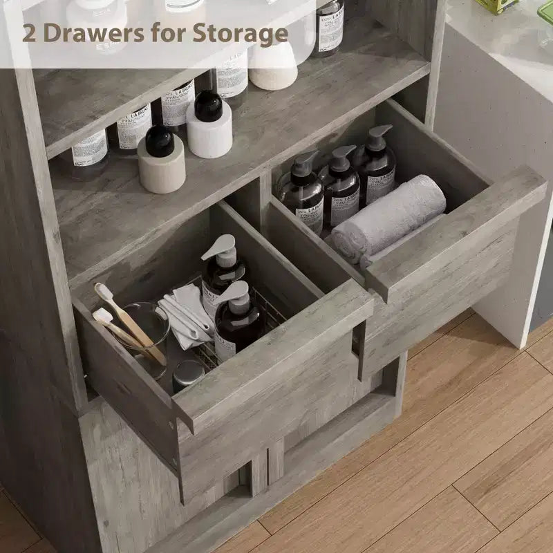 Meuble haut de salle de bain, meuble de rangement au sol avec portes et 2 tiroirs, meuble de rangement de salle de bain autonome de 130 cm de hauteur pour salle de bain, salon, cuisine