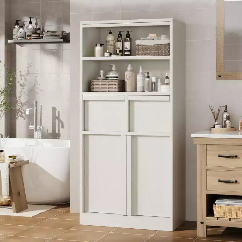 Meuble haut de salle de bain, meuble de rangement au sol avec portes et 2 tiroirs, meuble de rangement de salle de bain autonome de 130 cm de hauteur pour salle de bain, salon, cuisine