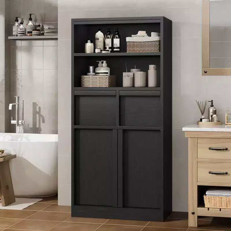 Meuble haut de salle de bain, meuble de rangement au sol avec portes et 2 tiroirs, meuble de rangement de salle de bain autonome de 130 cm de hauteur pour salle de bain, salon, cuisine