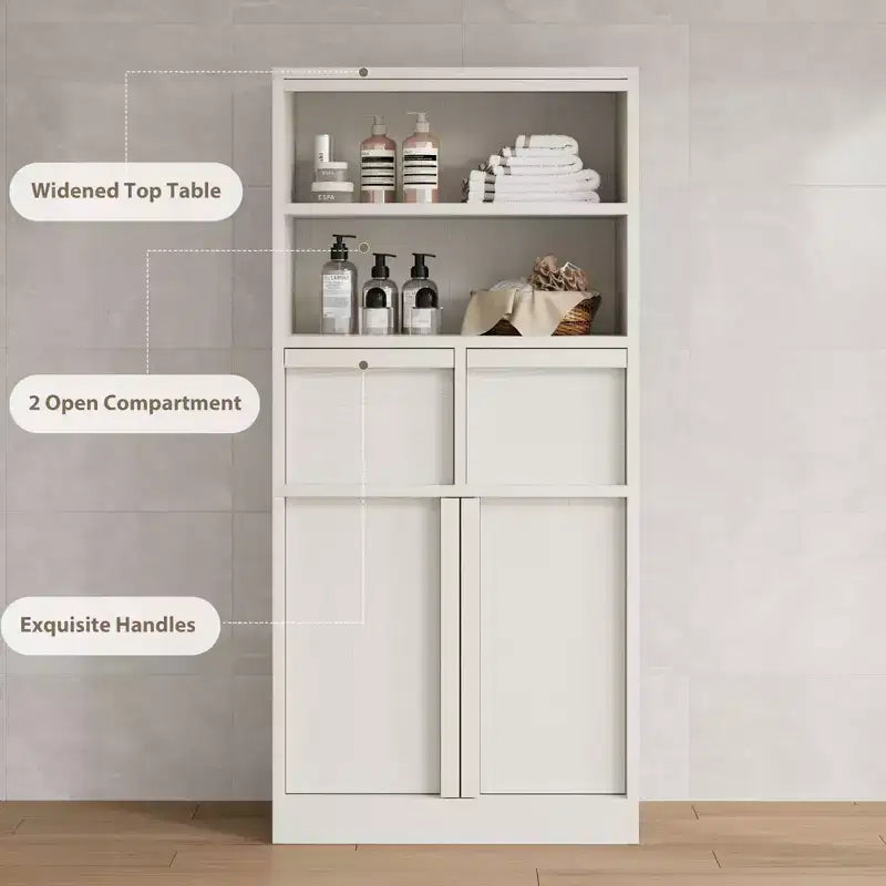 Meuble haut de salle de bain, meuble de rangement au sol avec portes et 2 tiroirs, meuble de rangement de salle de bain autonome de 130 cm de hauteur pour salle de bain, salon, cuisine