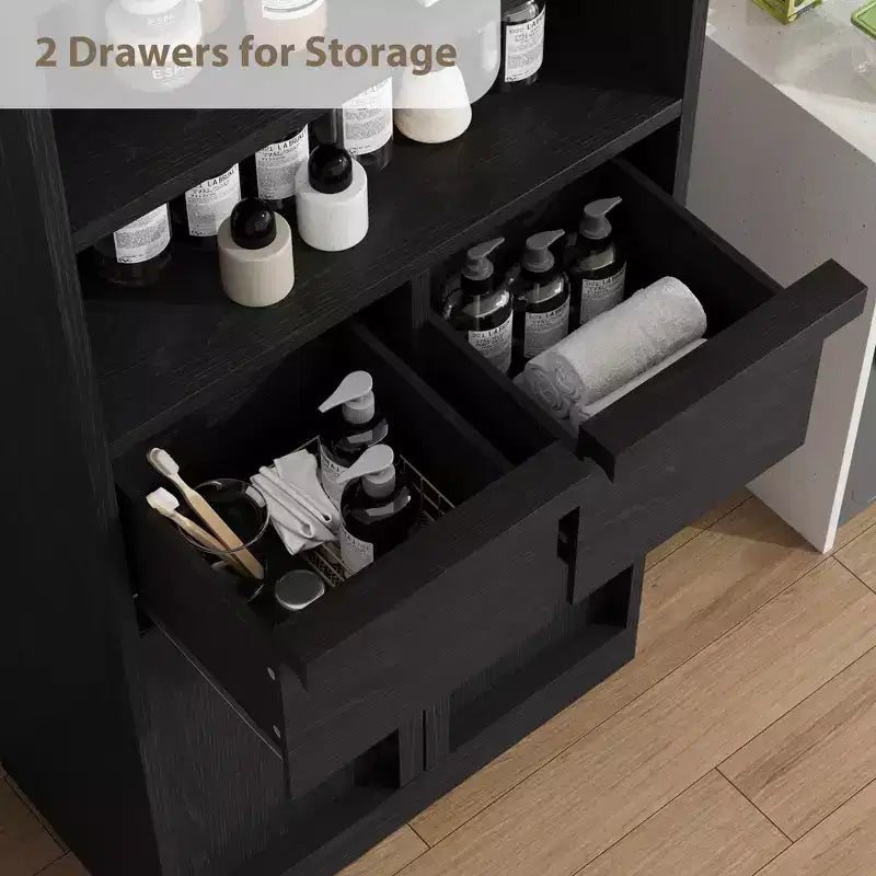 Meuble haut de salle de bain, meuble de rangement au sol avec portes et 2 tiroirs, meuble de rangement de salle de bain autonome de 130 cm de hauteur pour salle de bain, salon, cuisine