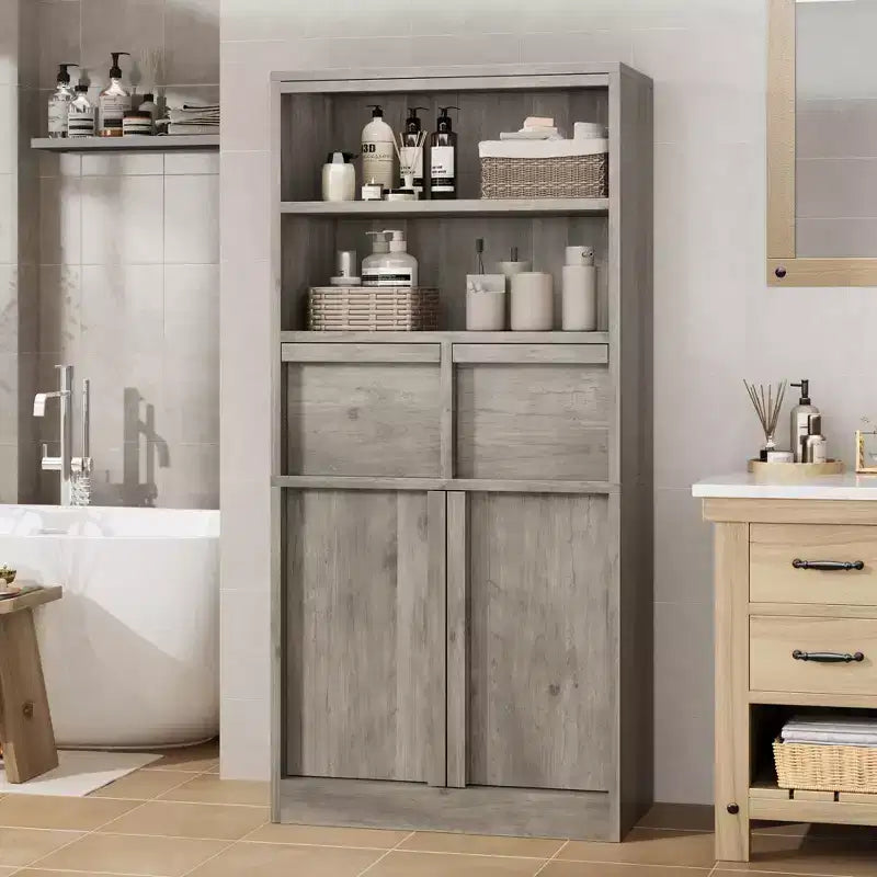 Meuble haut de salle de bain, meuble de rangement au sol avec portes et 2 tiroirs, meuble de rangement de salle de bain autonome de 130 cm de hauteur pour salle de bain, salon, cuisine