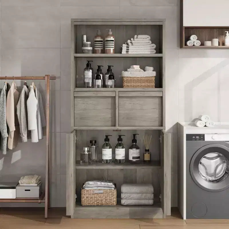 Meuble haut de salle de bain, meuble de rangement au sol avec portes et 2 tiroirs, meuble de rangement de salle de bain autonome de 130 cm de hauteur pour salle de bain, salon, cuisine