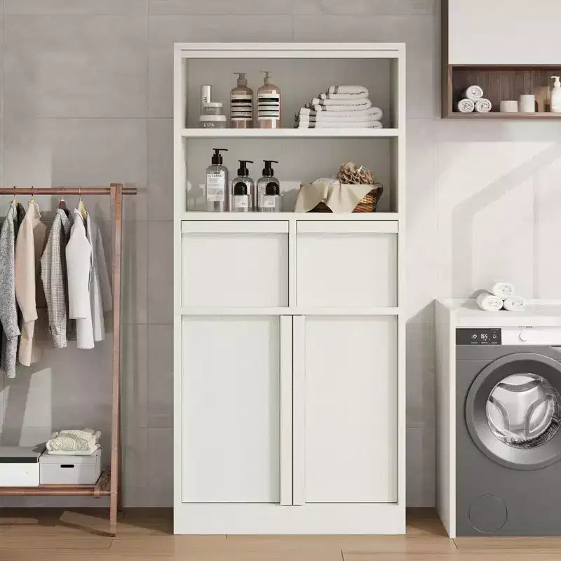 Meuble haut de salle de bain, meuble de rangement au sol avec portes et 2 tiroirs, meuble de rangement de salle de bain autonome de 130 cm de hauteur pour salle de bain, salon, cuisine