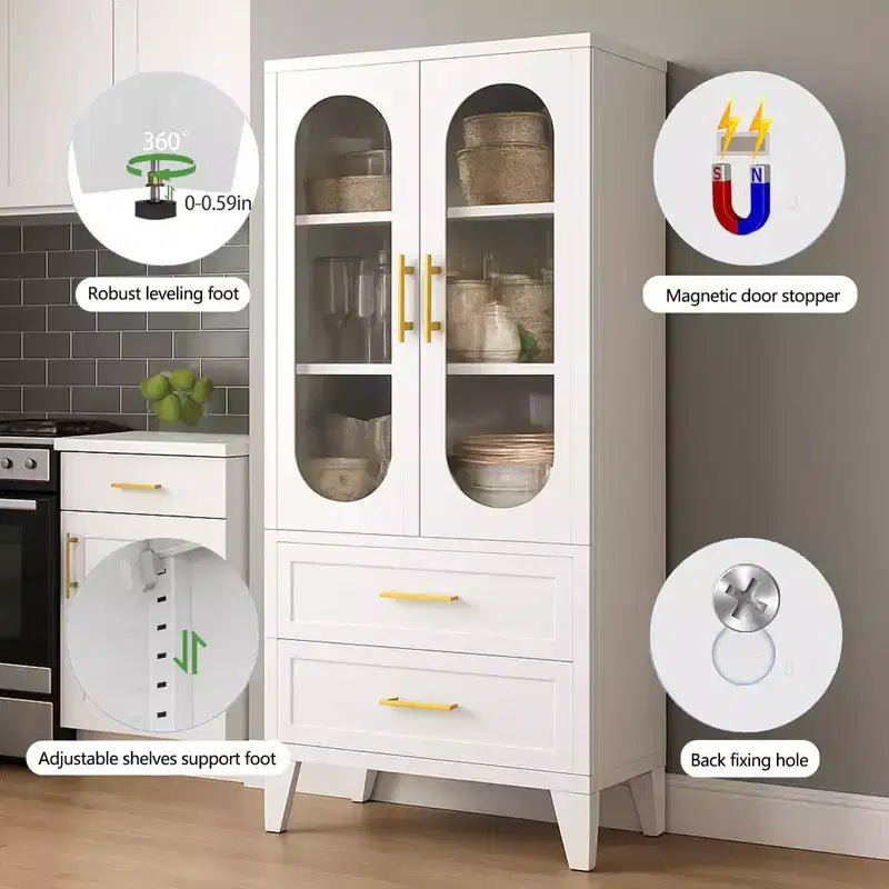 Armoire de rangement haute en métal de 73 pouces, armoire de garde-manger de cuisine avec 2 portes vitrées, 2 tiroirs, 2 étagères réglables, organisateur de rangement de placard blanc