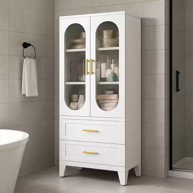 Armoire de rangement haute en métal de 73 pouces, armoire de garde-manger de cuisine avec 2 portes vitrées, 2 tiroirs, 2 étagères réglables, organisateur de rangement de placard blanc