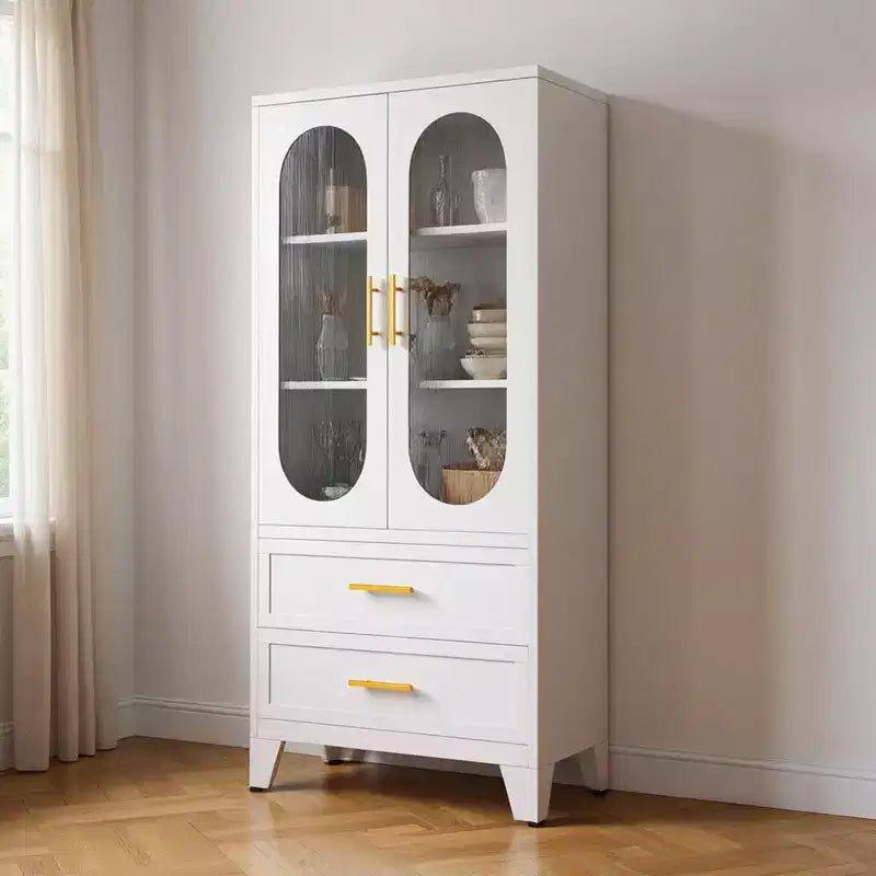 Armoire de rangement haute en métal de 73 pouces, armoire de garde-manger de cuisine avec 2 portes vitrées, 2 tiroirs, 2 étagères réglables, organisateur de rangement de placard blanc