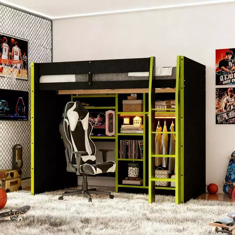 Lit mezzanine Luxystar Gaming avec bureau, lumières RVB et rangements, lit pleine grandeur peu encombrant pour adolescents et adultes